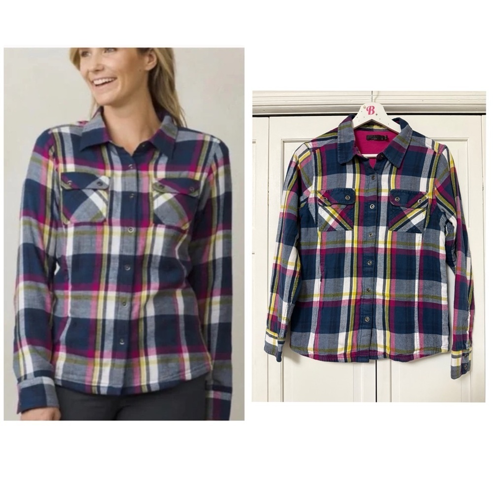 PrAna Bridget Thermal Lined Flannel Shirt Snap Up Jacket 100% Organic Cotton